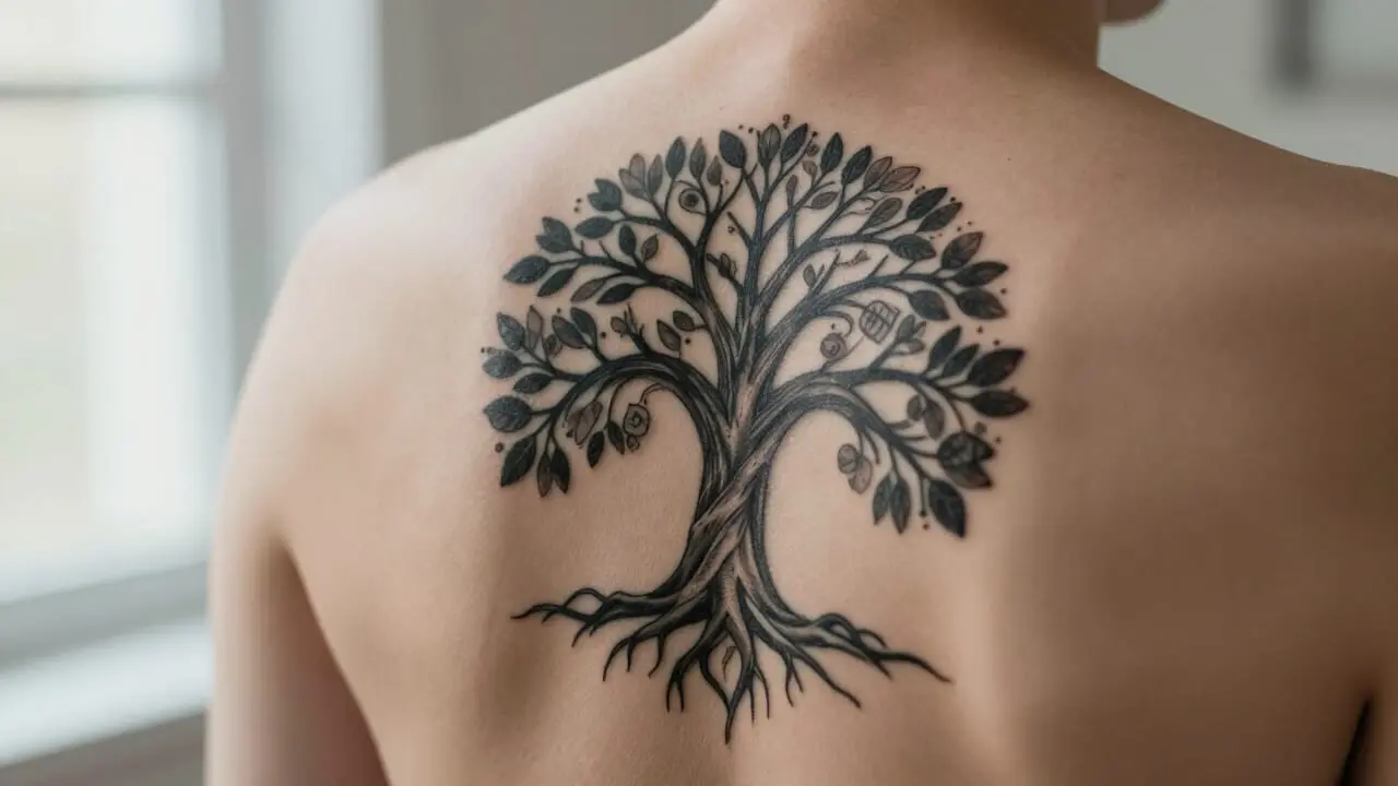 Tatouage arbre de vie détaillé avec racines et branches sur le dos