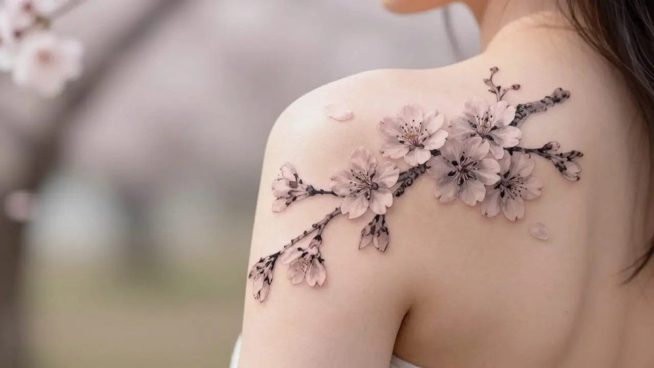 Tatouage de fleurs de cerisier japonaises sur l'épaule et le bras