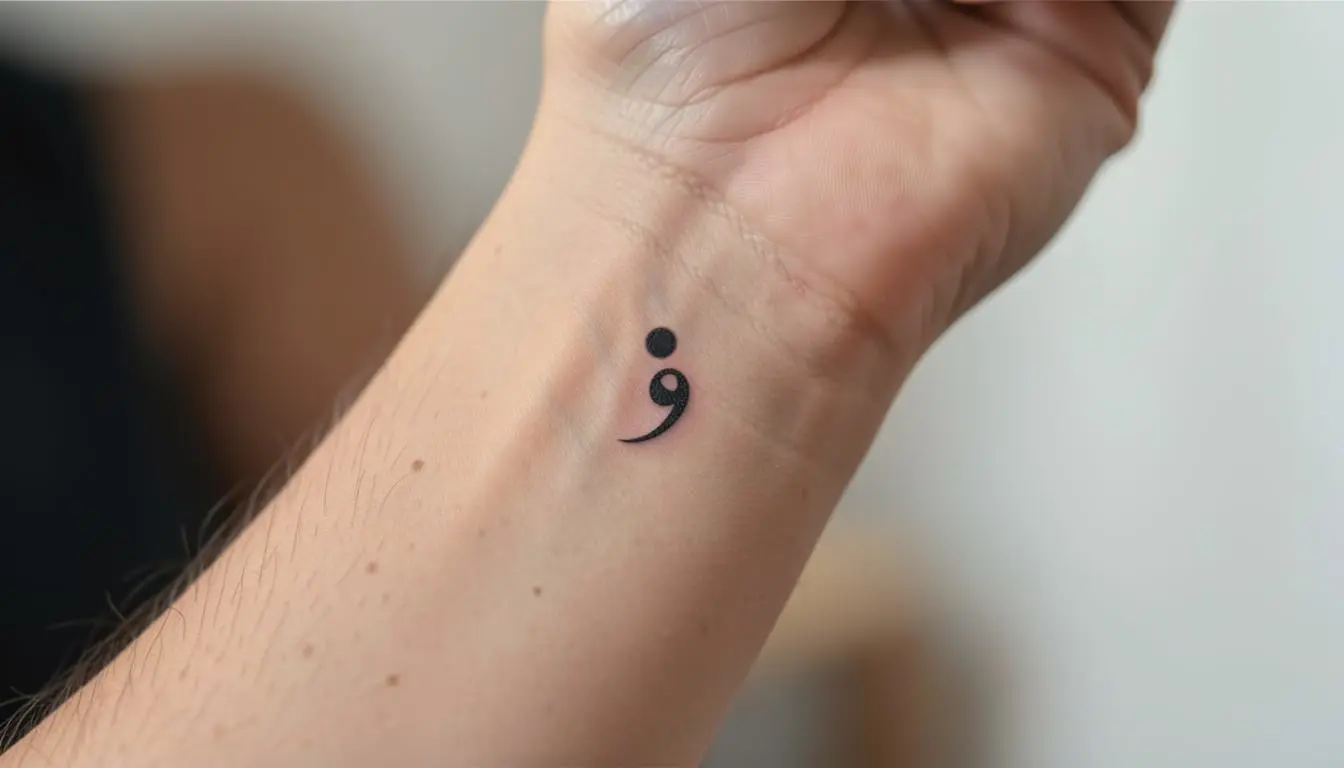 Petit tatouage point-virgule minimaliste sur le poignet