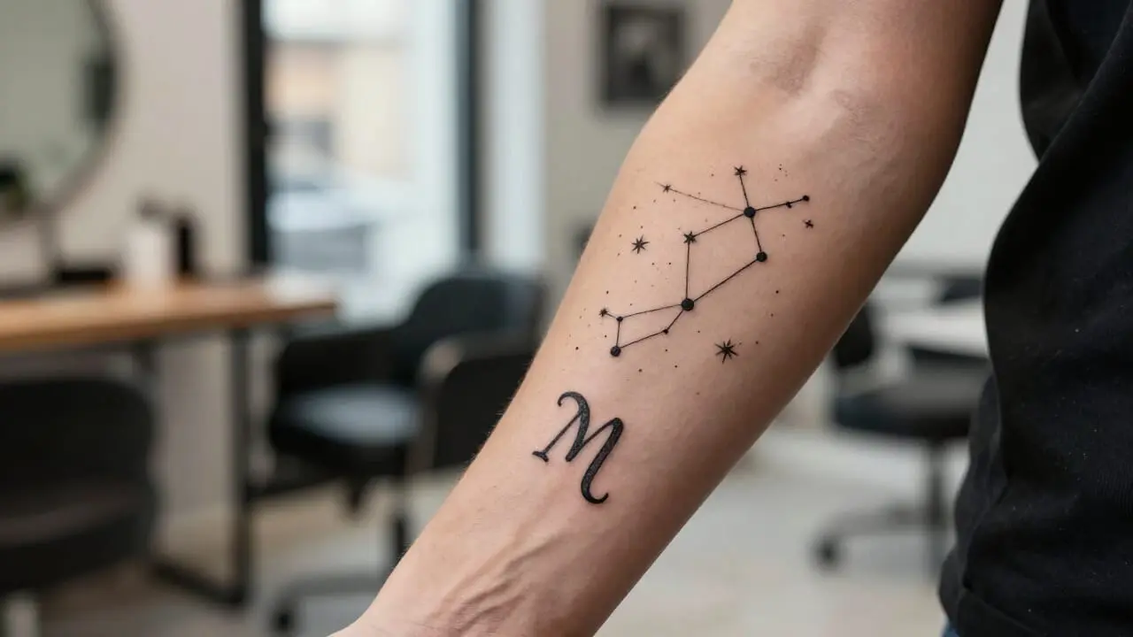 Tatouage représentant un signe astrologique avec une constellation sur l'avant-bras