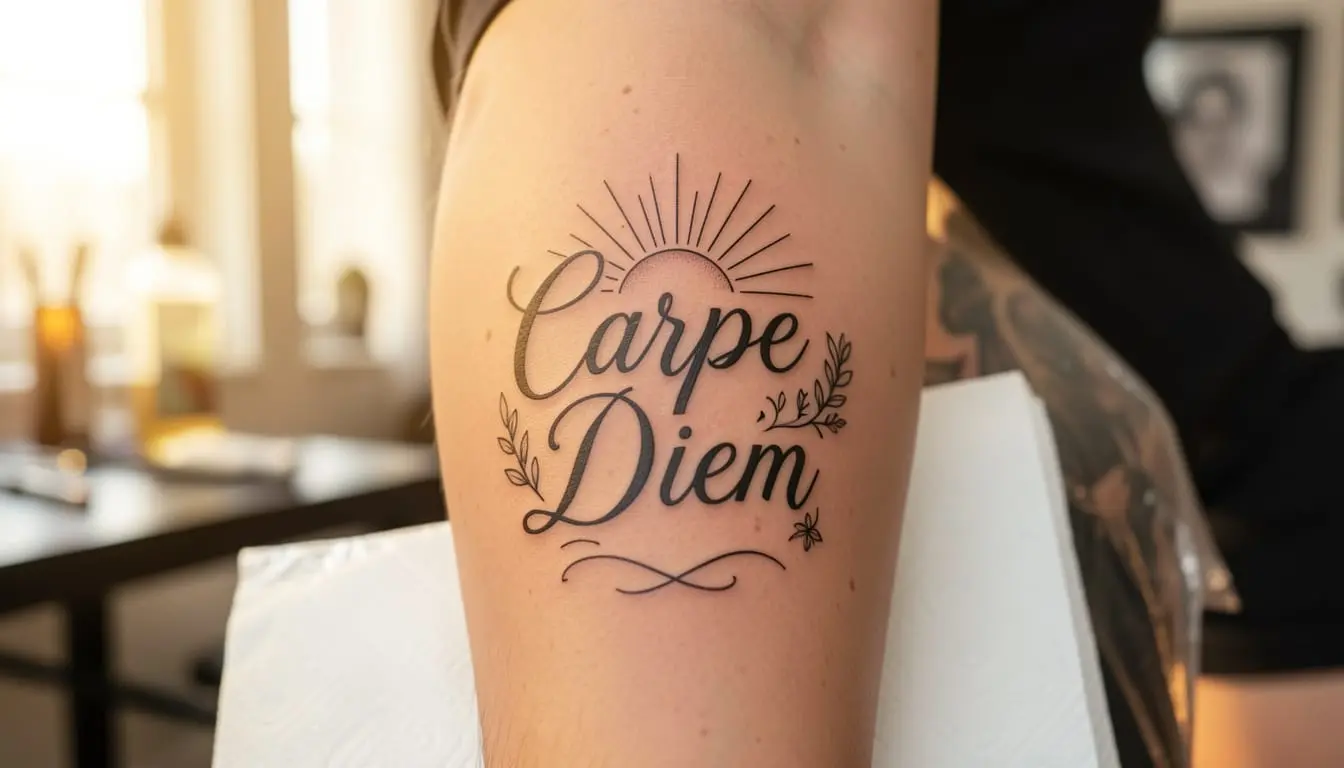 Tatouage Carpe Diem en lettering fin accompagné de rayons de soleil sur l'avant-bras