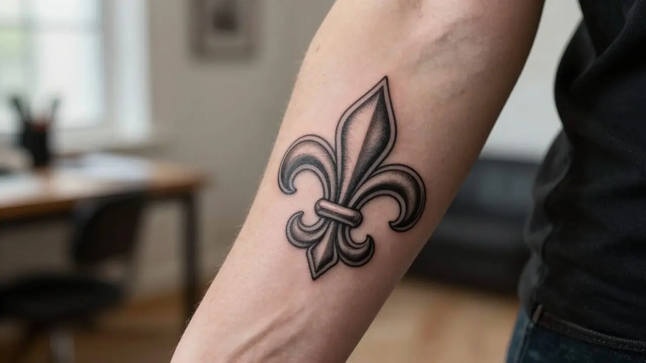 Tatouage Fleur de Lys élégant en noir avec détails ornementaux sur l'avant-bras