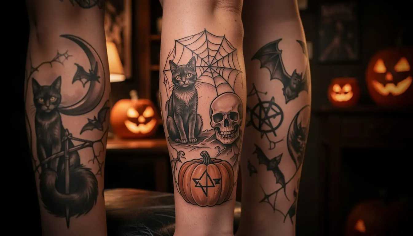 Tatouages Halloween avec motifs de chat noir, citrouille, chauve-souris et lune