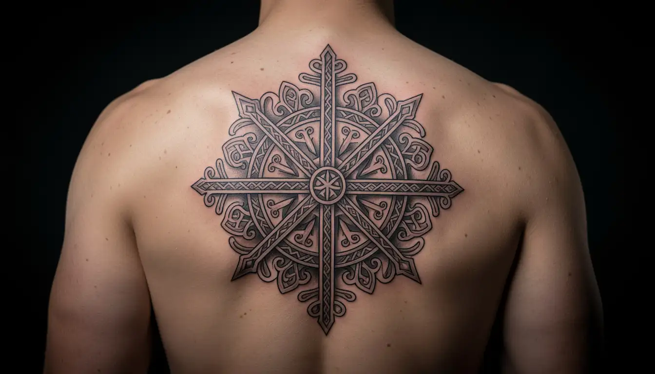 Tatouage Vegvísir en noir et gris représentant un symbole islandais sur le haut du dos