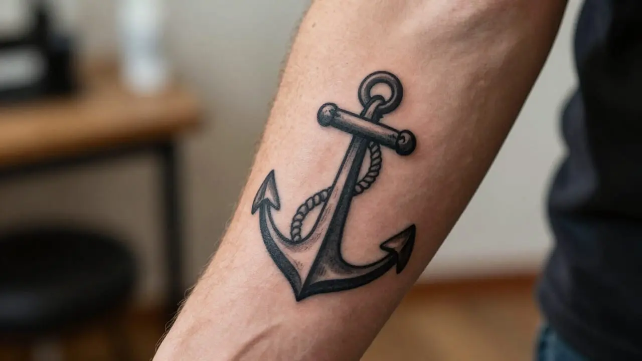 Tatouage d'ancre traditionnel en noir avec corde sur l'avant-bras