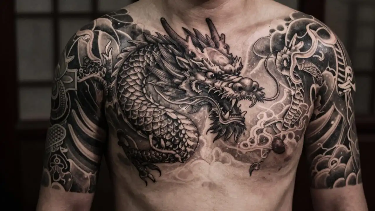 Tatouage de dragon mythique détaillé en noir et gris sur le bras