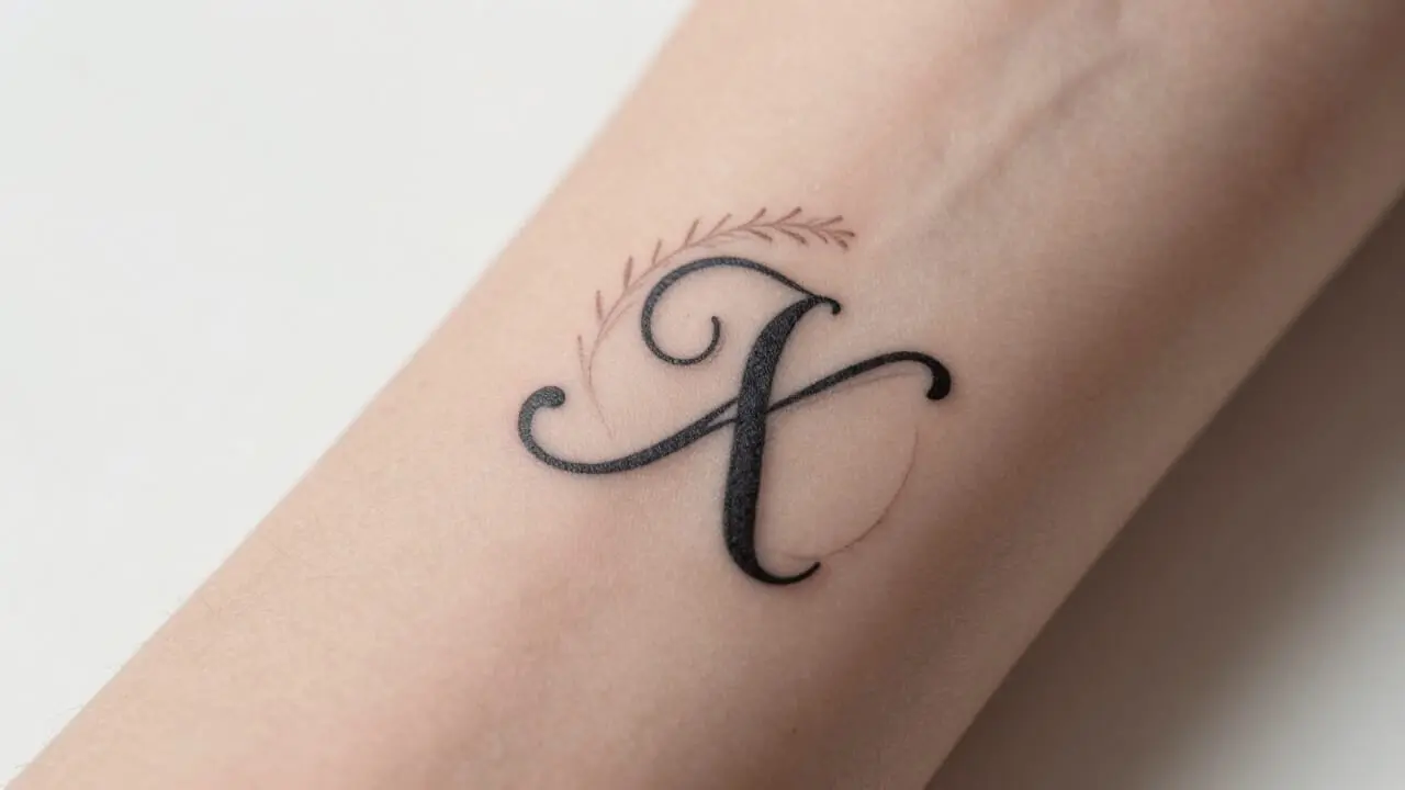 Tatouage d'une initiale en fine line avec un motif végétal discret sur le poignet