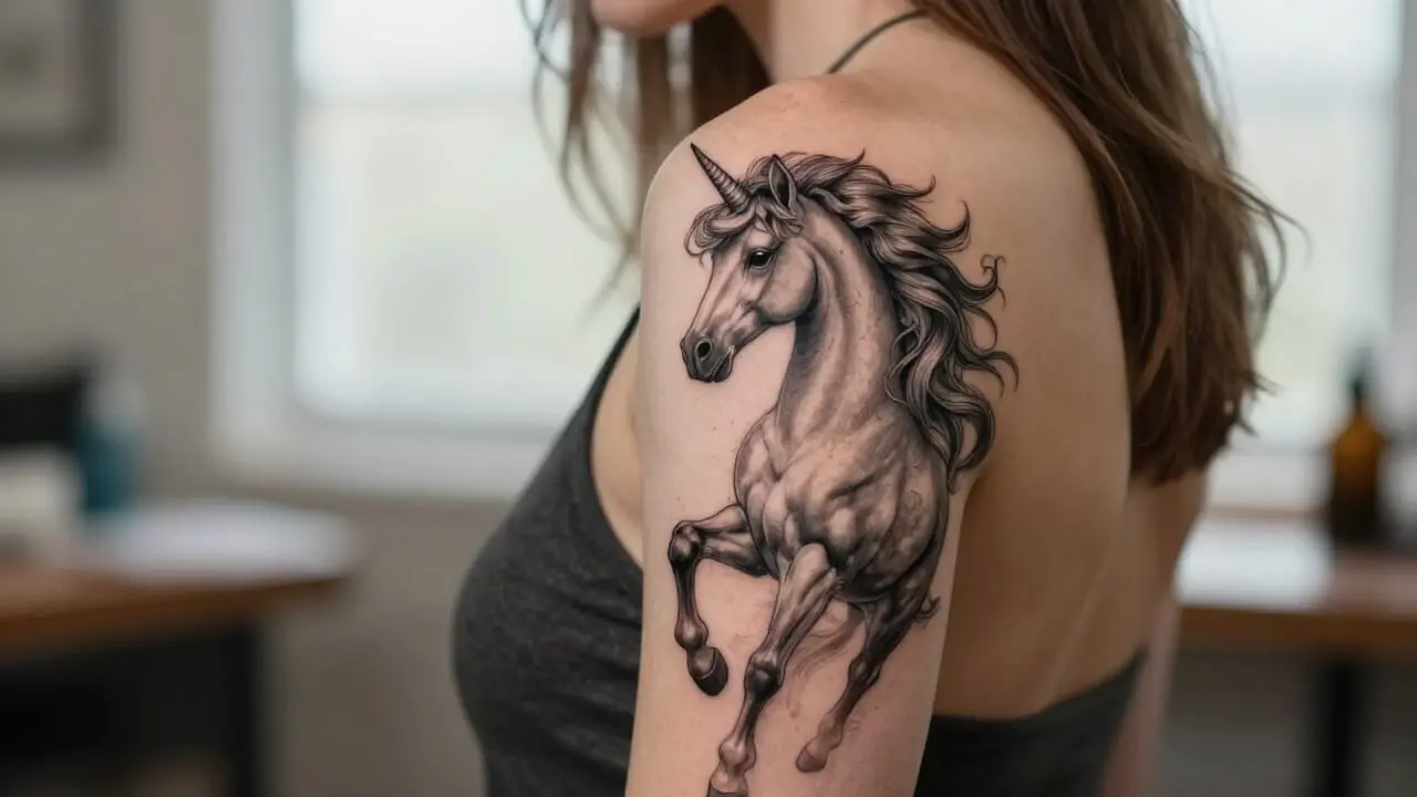 Tatouage licorne élégant et détaillé sur l'épaule d'une femme