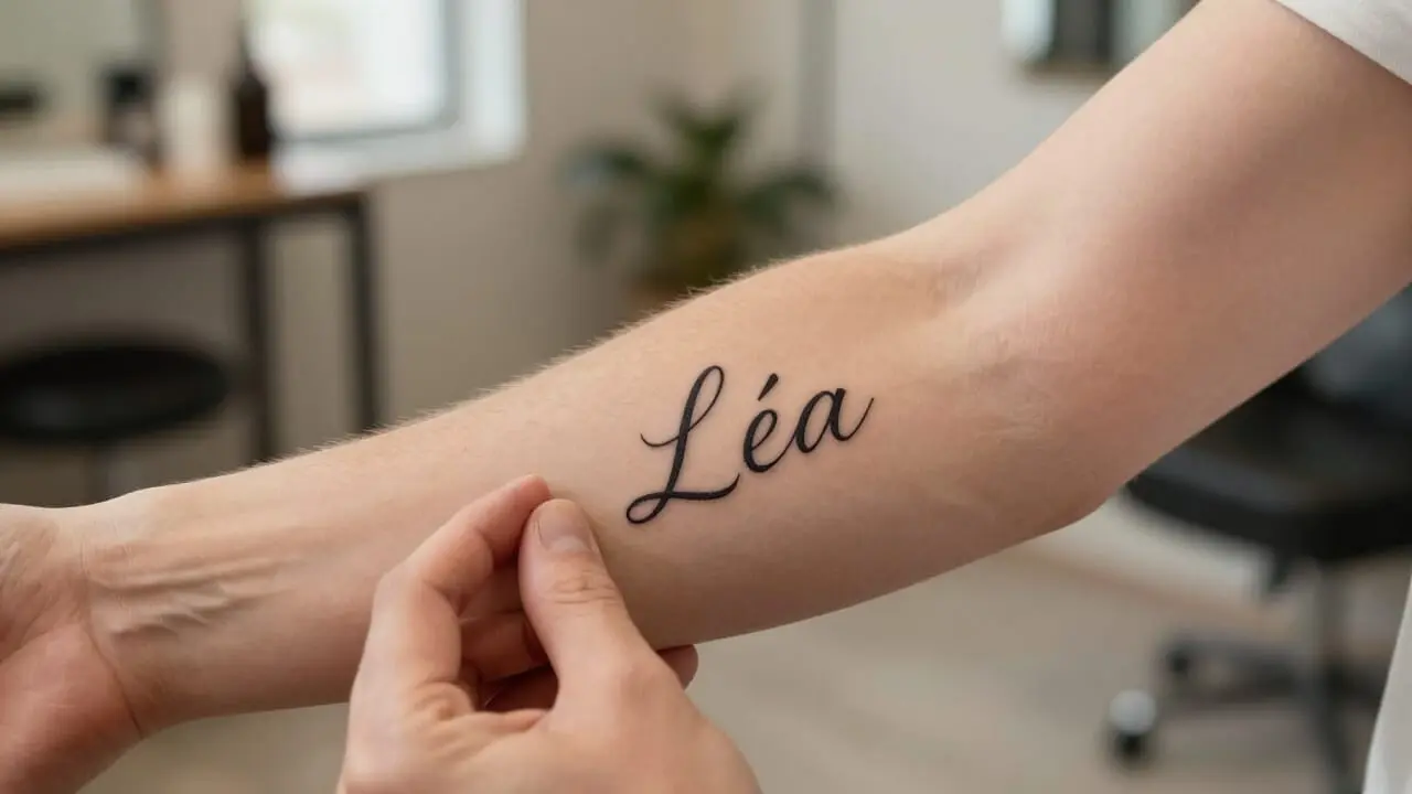Tatouage délicat du prénom d'un enfant sur l'avant-bras d'un parent