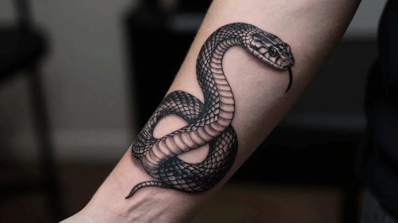 Tatouage de serpent réaliste en noir et gris sur un avant-bras