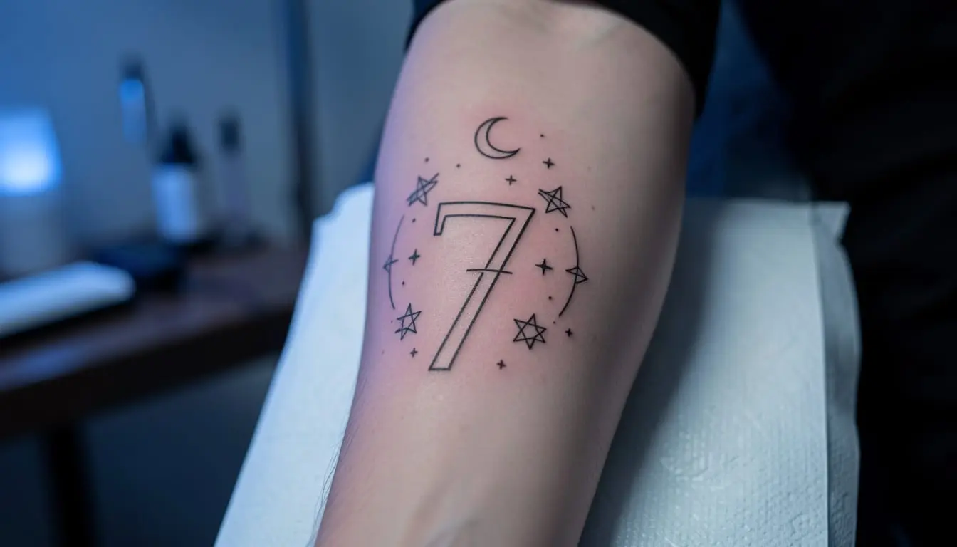 Tatouage du nombre 7 avec étoiles et lune en fine line sur le poignet