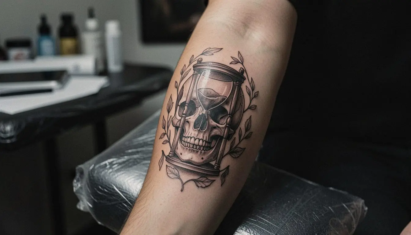 Tatouage Memento Mori avec crâne, sablier et éléments végétaux sur l'avant-bras