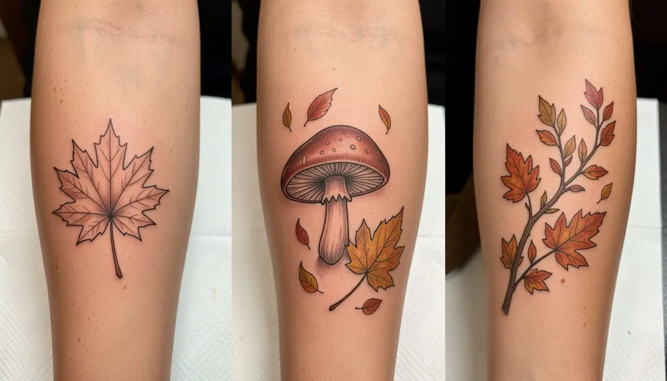 Idées de tatouages inspirés de l'automne avec feuilles, glands et champignons
