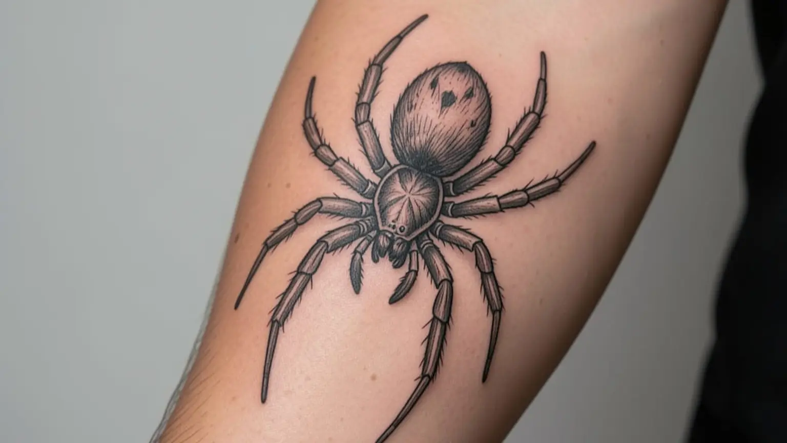 Tatouage araignée détaillé en noir sur le bras