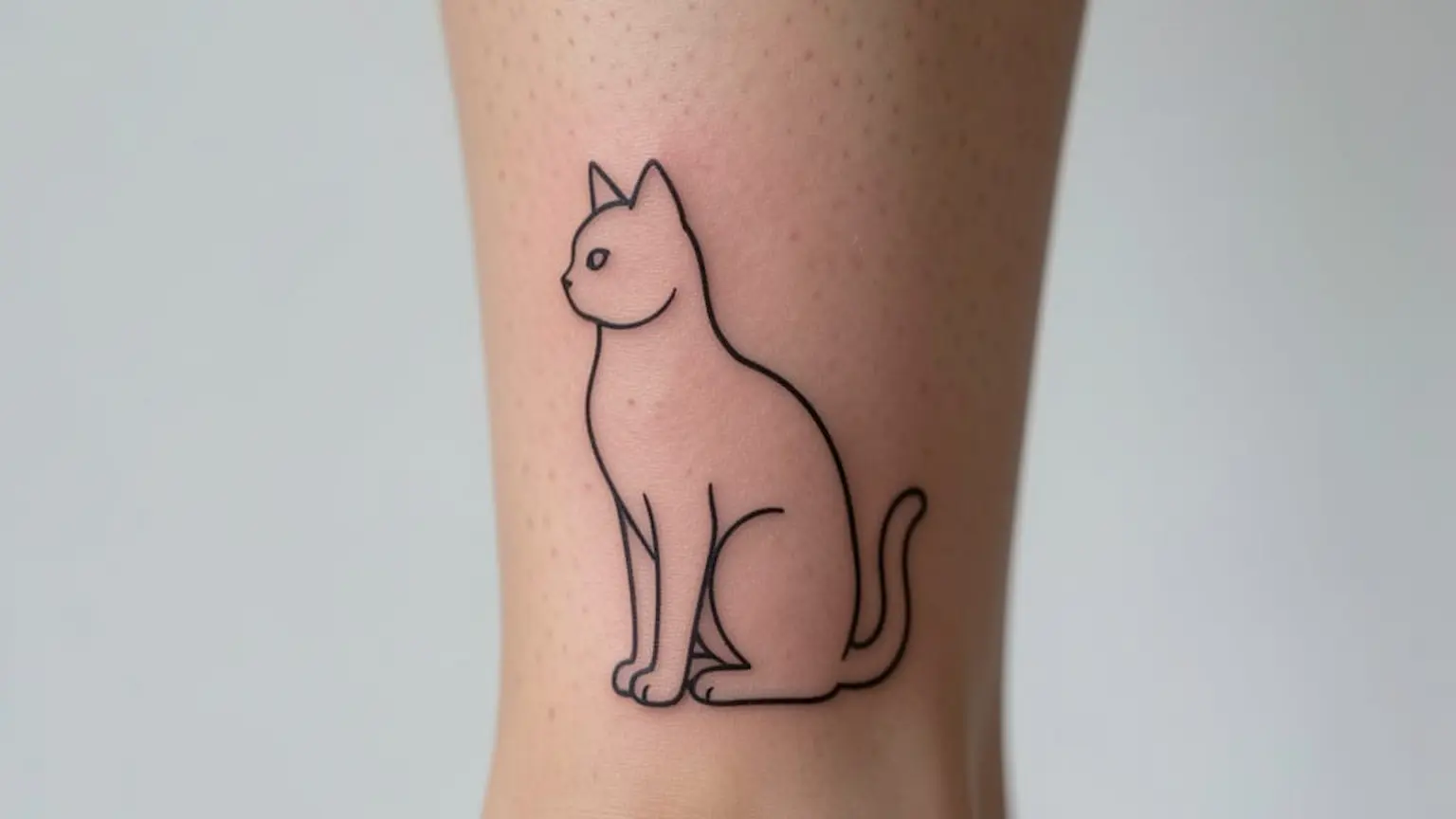 Tatouage chat minimaliste en fine line noire sur la cheville