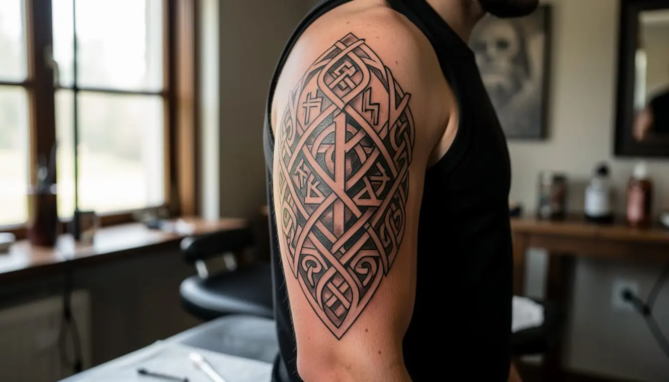 Tatouage viking aux motifs nordiques et symboles inspirés de la tradition scandinave