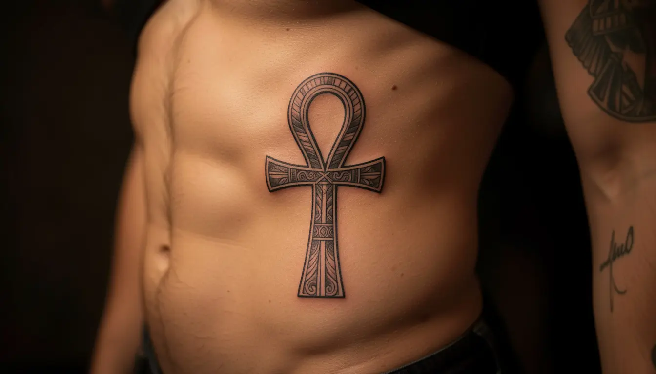 Tatouage Ankh égyptien en noir et gris sur les côtes
