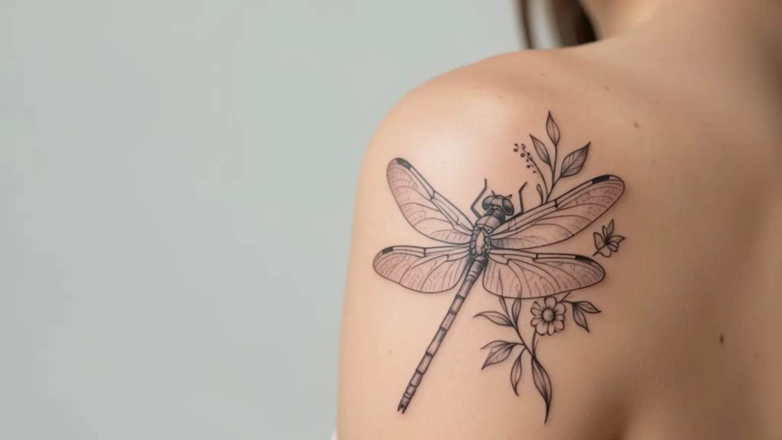 Tatouage de libellule délicat et détaillé sur l'épaule d'une femme