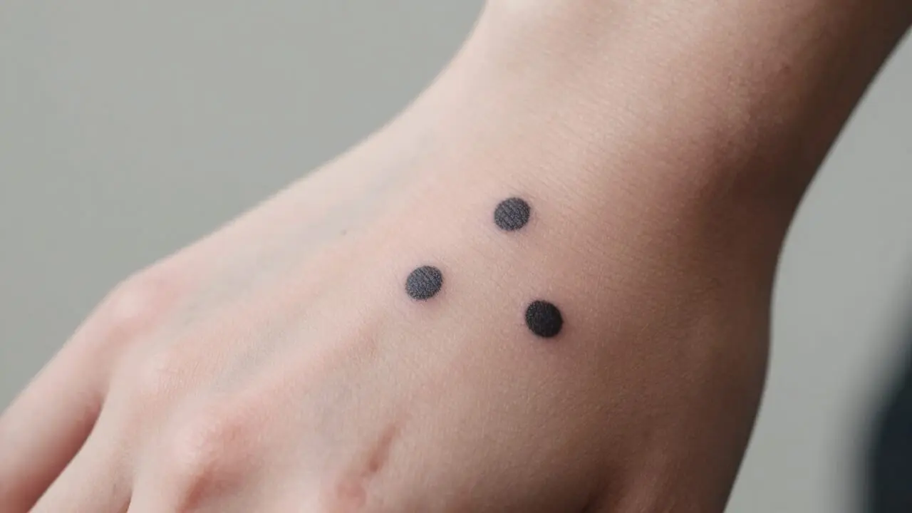 Petit tatouage de trois points noirs disposés en triangle sur la main